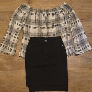 Black Denim Pencil Skirt And Flowy Plaid Shirt